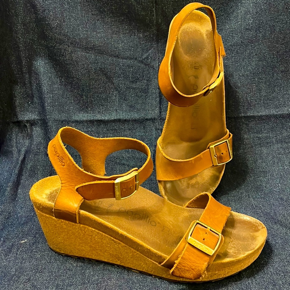 Birkenstock Papillio Womens Tan Soley Square Buckle Size 40 Cork Wedge